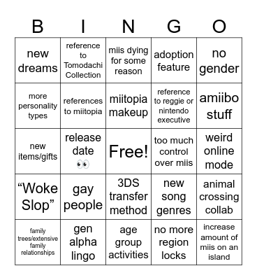 Tomodachi Life Bingo Card