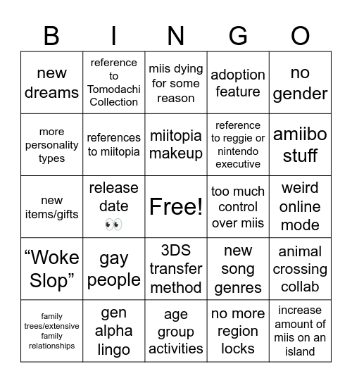 Tomodachi Life Bingo Card