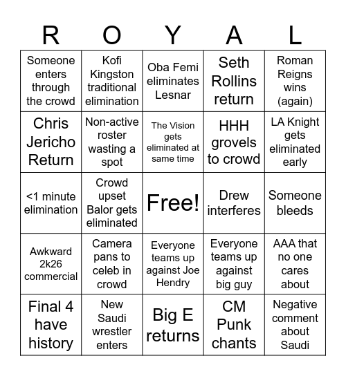 Royal Rumble '26 Bingo Card