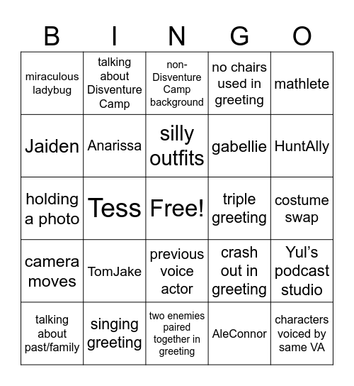 Disventure Camp Greeting Bingo Card