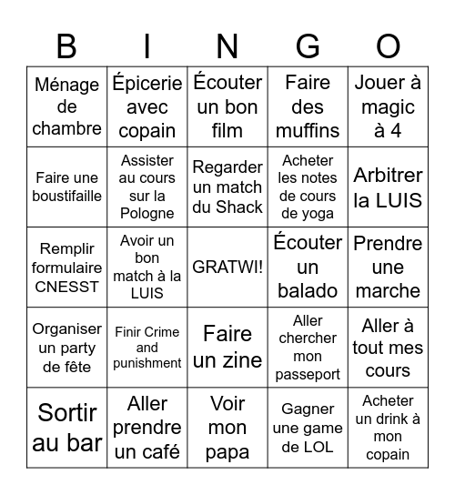 2 semaines de Camouille Bingo Card