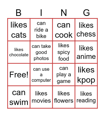 Can you...? Do you like...? Bingo Card