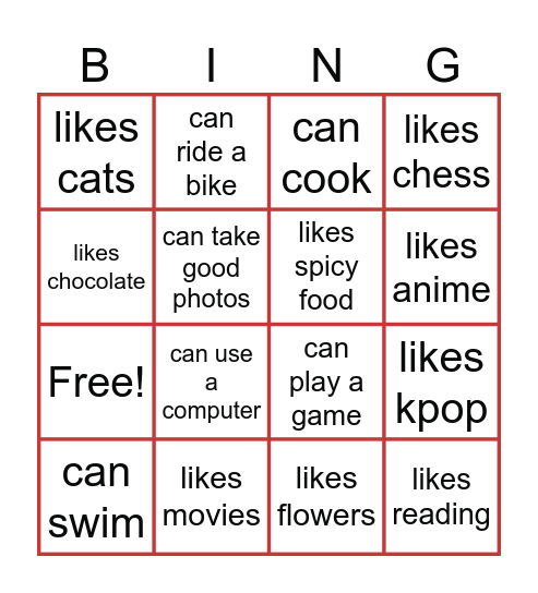 Can you...? Do you like...? Bingo Card