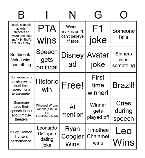 2026 Oscars Bingo Card