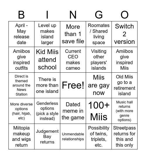 Tomodachi Life LTD Direct BINGO Card