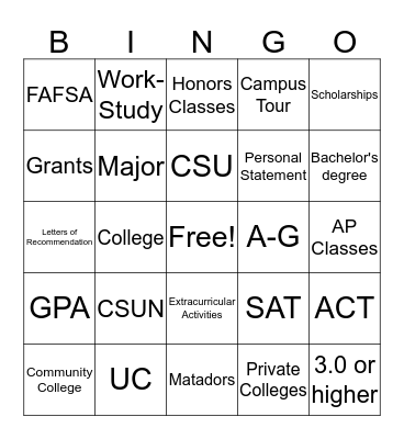 Matador Bingo Card