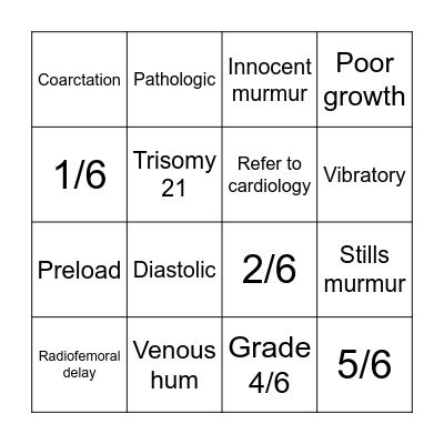 Heart Murmur Bingo Card