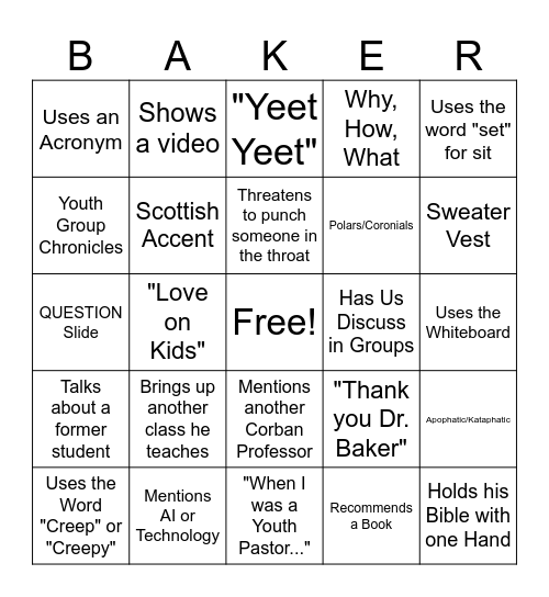 Baker Bingo Card