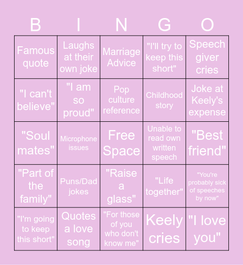 BINGO: Wedding Speech Edition Bingo Card