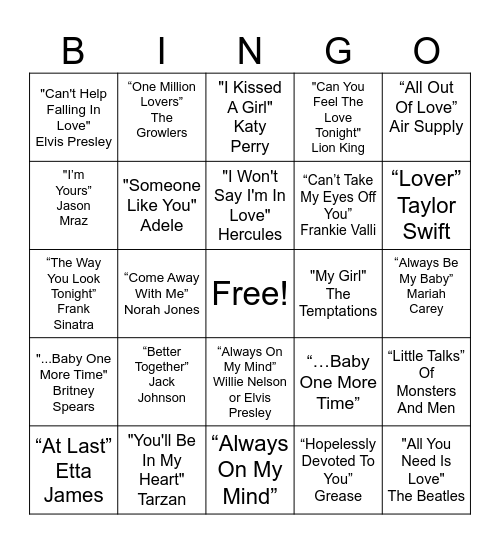 Level 1 Love Song Bingo Card