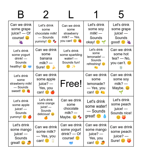 B2 L15 Can we drink some water? — Of course! 😄 💧 Bingo Card