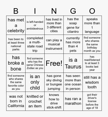 Get to Know You Bingo Card