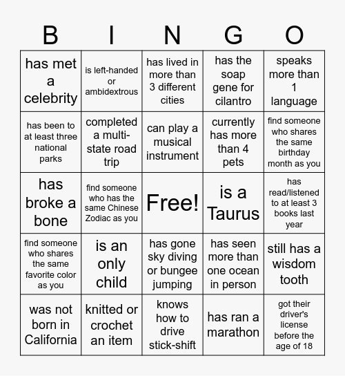 Get to Know You Bingo Card