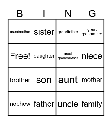 Family members Bingo Card