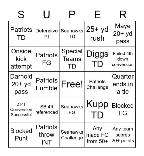 Seahawks vs Patriots Bingo Card