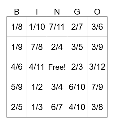 Fractions Bingo Card
