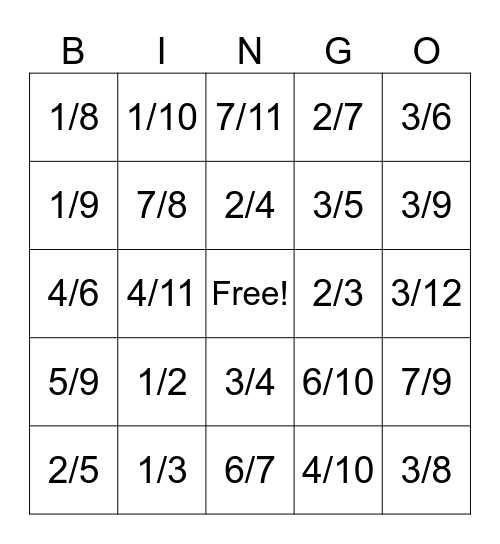 Fractions Bingo Card