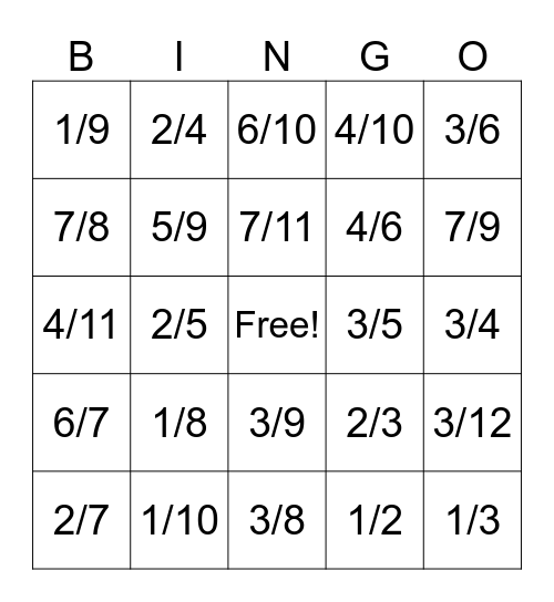 Fractions Bingo Card