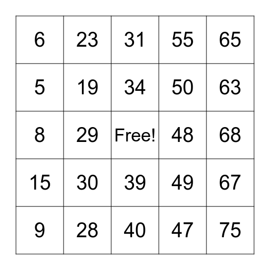 NUMBER BINGO Card