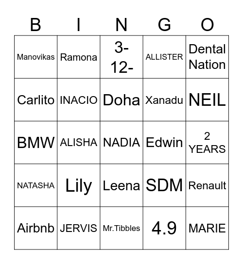 Allister & Natasha's Wedding Bingo Card