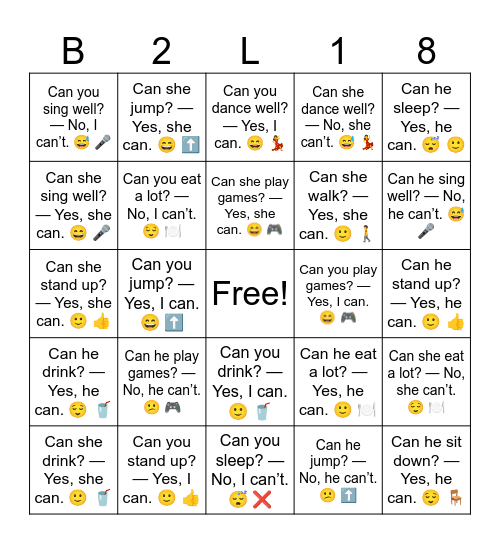 B2 L18 Can she jump? — Yes, she can. 😄 ⬆️ Bingo Card