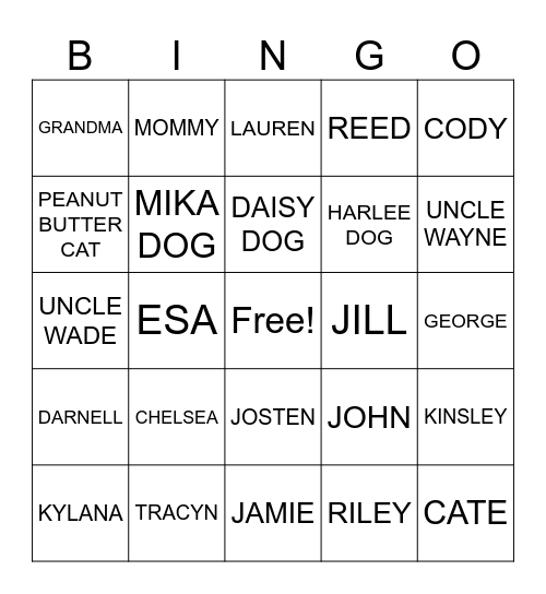 Family and friends Bingo Card