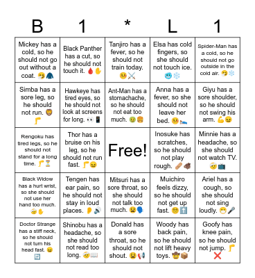 B19 L16 Anna has a fever, so she should not leave her bed. 🤒🛌 Bingo Card