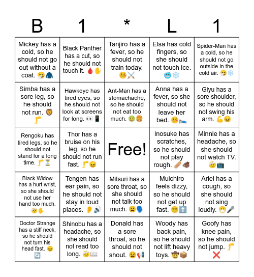 B19 L16 Anna has a fever, so she should not leave her bed. 🤒🛌 Bingo Card