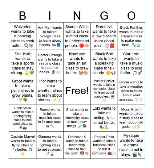 B19 L18 Iron Man wants to take a science class to build better suits. 🤖🧪 Bingo Card