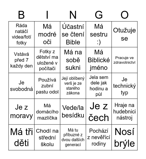 sesterská víkendovka Bingo Card