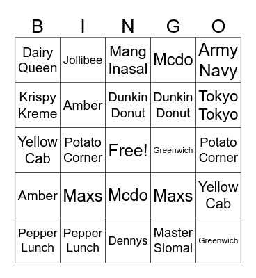 FOOD BINGO Card
