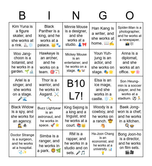 B10 L7 Han Kang is a writer, and she works at home. 📖✍️ Bingo Card