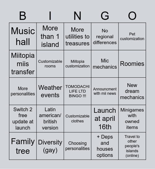 Tomodachi life living the dream bingo Card