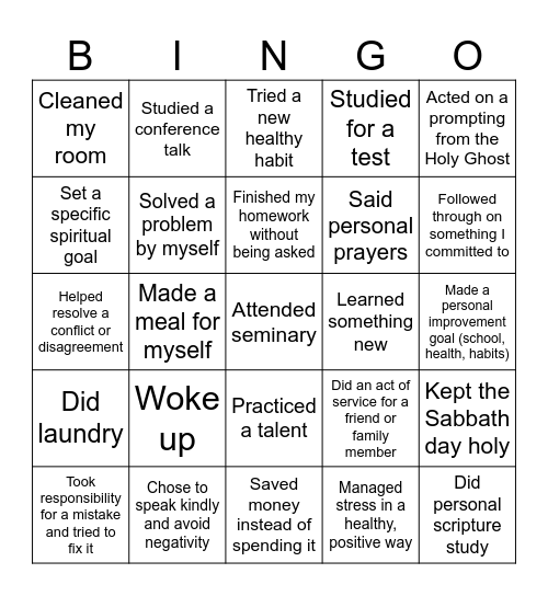 Self-Reliance Bingo Card