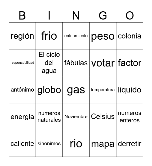 Bingo en español Bingo Card