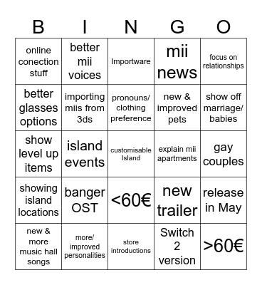 "Tomodachi Life: Living The Dream" Direct Bingo Card