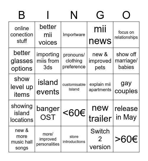"Tomodachi Life: Living The Dream" Direct Bingo Card