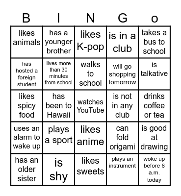 BINGO× your calssmate... Bingo Card
