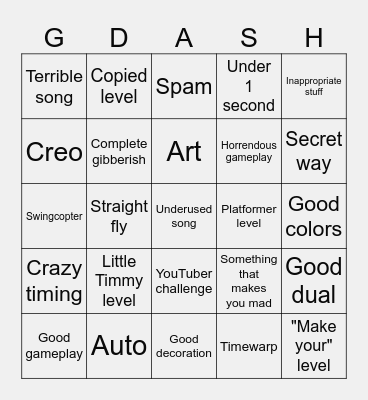 Geometry Dash Recent Tab Bingo Card