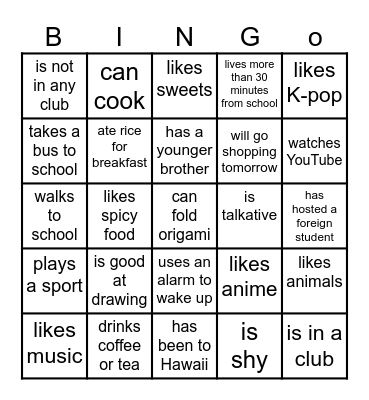 BINGO× your calssmate... Bingo Card