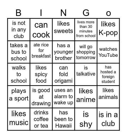 BINGO× your calssmate... Bingo Card