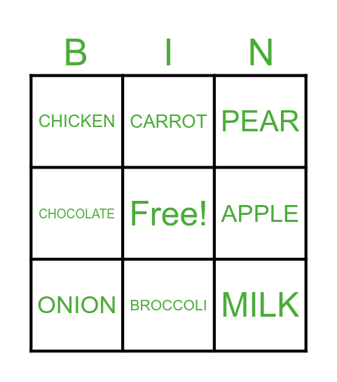 IW 1.5 fruit and vegetables Bingo Card