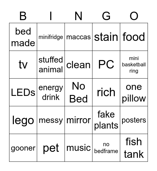 bedroom Bingo Card