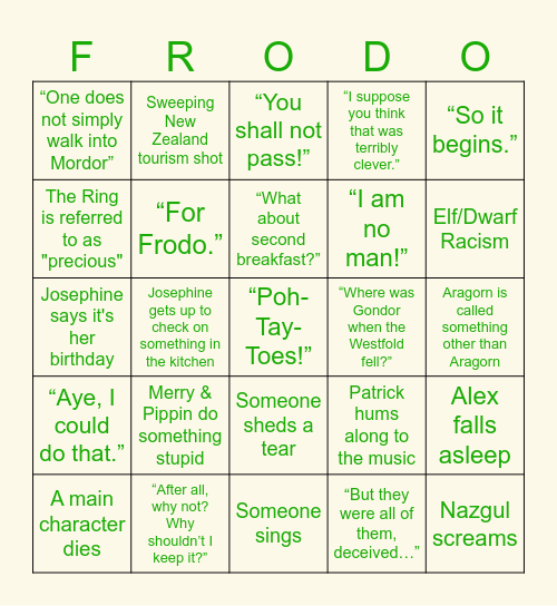 Lord of the Rings Bingo Card