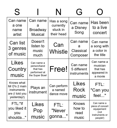 MUSIC SINGO Bingo Card