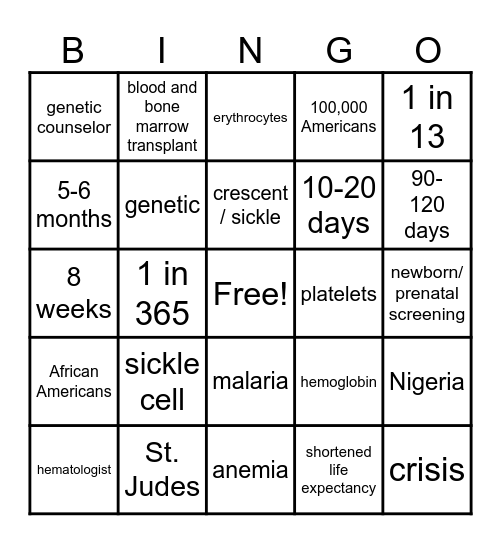 Sickle Cell Disease BINGO Card