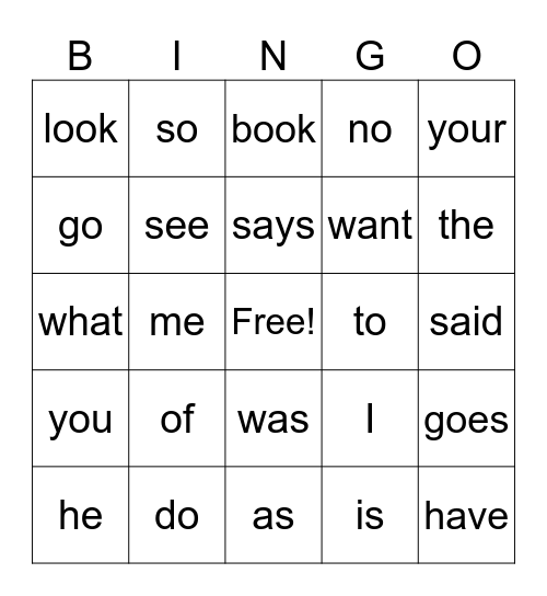 Heart Words Bingo Card