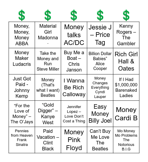SONGS ABOUT MONEY Bingo Card
