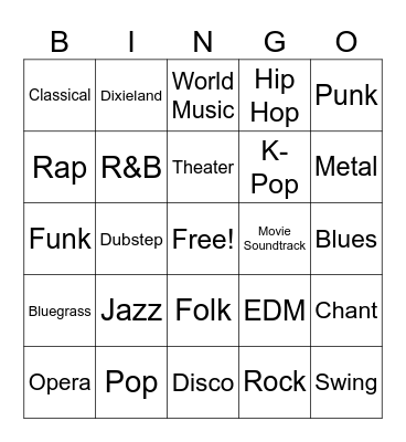 Music Genre Bingo Card