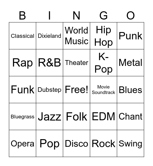 Music Genre Bingo Card